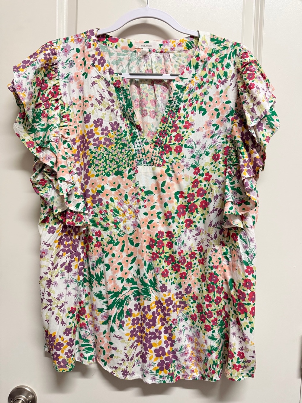 Maurices Floral Ruffle Sleeve V-Neck Women’s Top - White Multi